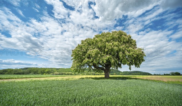 Large flowering solitary horse chestnut tree surrounded by green fields under a blue sky with white