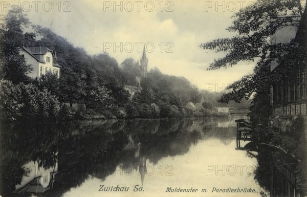 Historical postcard, picture postcard, bank of the Mulde with Paradise Bridge in Zwickau, Saxony,