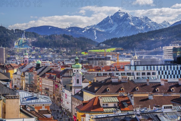 Old town roofs above the Herzog-Friedrich-Strasse with the Serles 2717m, Innsbruck, Inntal,