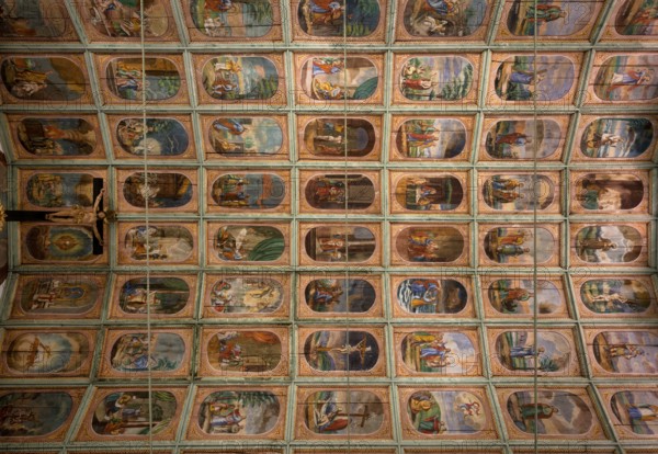 Interior view, church ceiling, wooden ceiling with New Testament scenes, apostles and the secondary