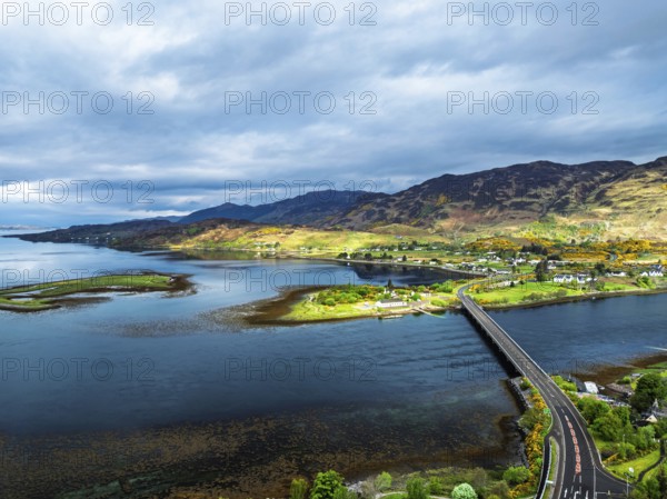 Loch Long Bridge or Dornie New Bridge from a drone, Loch Long River, Highlands, Scotland, England,