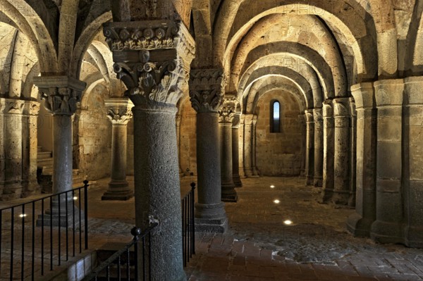 Vaults, columns and capitals in the underground grove of columns, pagan crypt, 10th century,