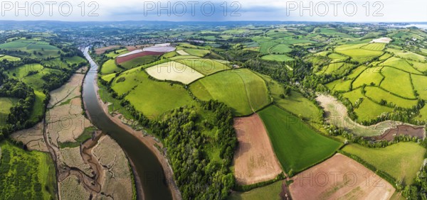 Panorama of Farms and Fields over River Dart from a drone, Stoke Gabriel, Totnes, Devon, England,