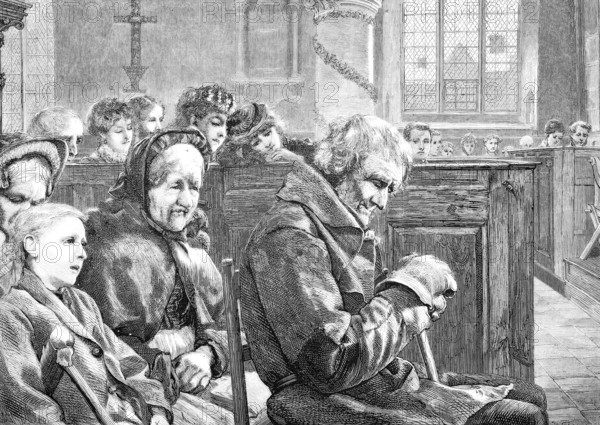 Old people in the church, engrossed in prayer, sitting in the pews, Historical, Reproduction from a