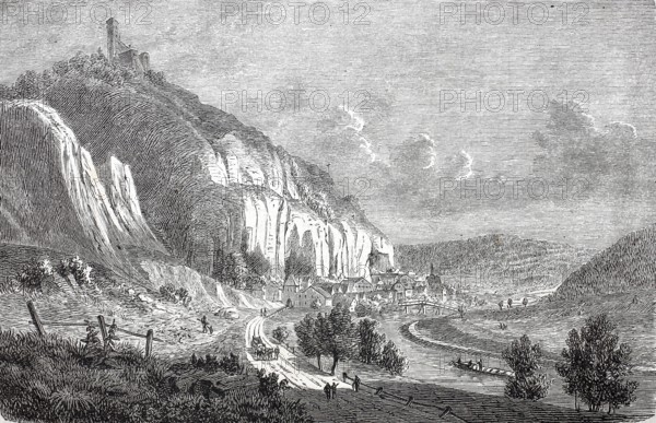 Randeck Castle and the village of Neuessing in the Altmühl Valley around 1870, Kelheim district,