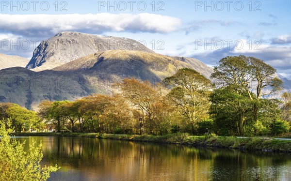 Caledonian Canal, Caol Beach and Nevis Range Mountains, Corpach, Fort William, Highland, Scotland,