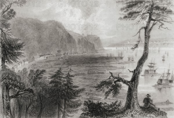 Timber Depot, lumberyard in the water, Quebec, Canada in the 19th century. From the Cyclopaedia of