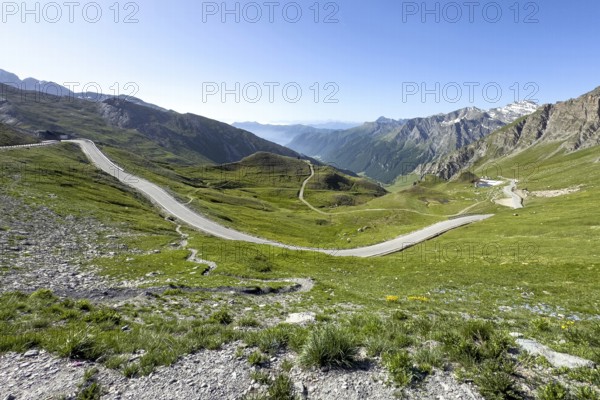 View of southern ramp southern ascent mountain road Alpine road to pass in Alps High Alps Alpine