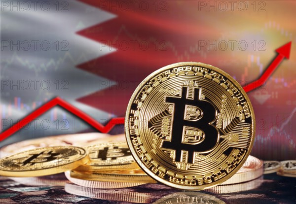 Bitcoin with Bahrain flag in the background. Investors in cryptocurrency and Blockchain Technology
