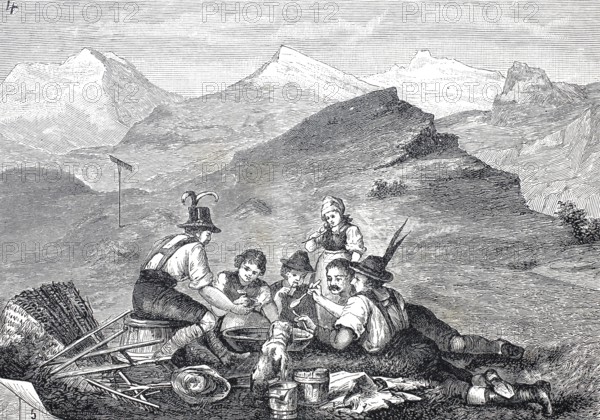 Alpine farmers taking a break while mowing the mountains, Vesper, Alps, Tyrol, around 1880,