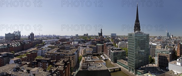 City view from above with the Elbphilharmonie and the St. Nikolai memorial, Hamburg, Germany