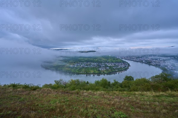 River in morning mood under cloudy sky, slightly shrouded in haze, summer, Rhine bend Boppard,