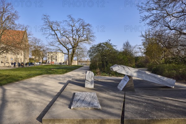 Memorial to the Persecution of the Sinti and Roma, park, lawn, bare winter trees, path, blue sky,