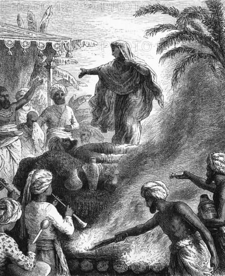 Suttee or the self-immolation of widows, a religious practice in India, digital reproduction of a