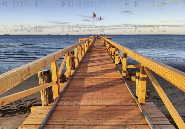 New south beach bridge at atmospheric sunrise with a view of Amrum, Südstrand, Wyk auf Föhr, North