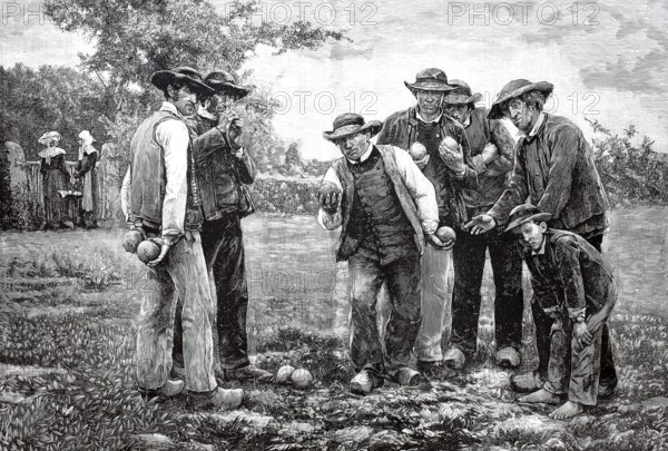 Men playing boules, 1880, France, Historical, digitally restored reproduction from a 19th century