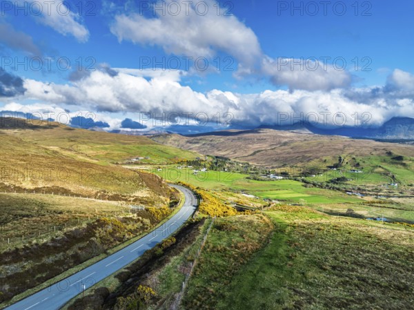 Farms and Moors over Loch Harport from a drone, Drynoch, Isle of Skye, Highlands, Scotland, United