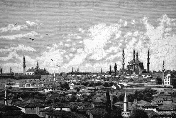 Cityscape of Adrianople or Edirne with Selimiye Mosque, Ottoman architecture, domed building,