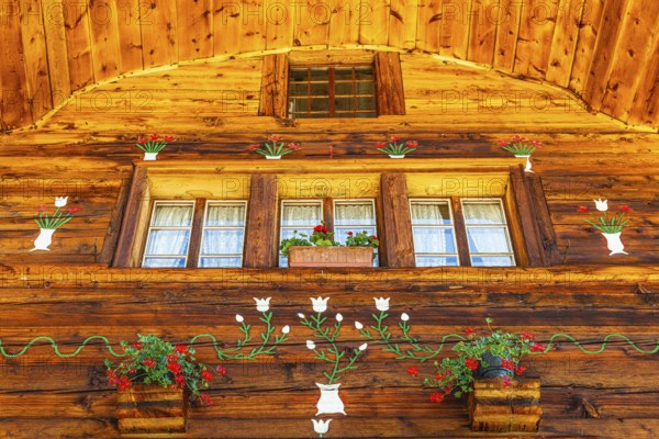 Parsonage, decorated with flowers, historic village centre, Grimentz, Val d'Anniviers, Valais Alps,