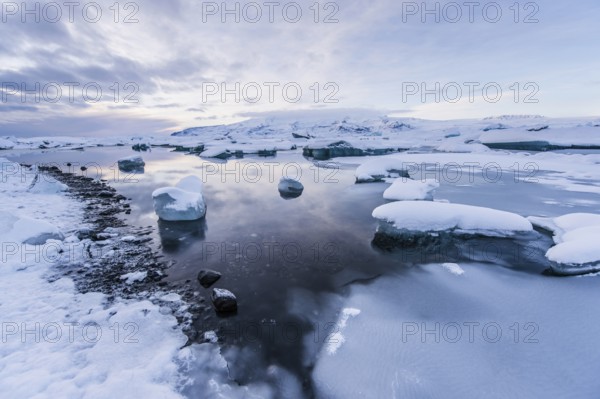 Jökulsarlon, icebergs, ice, glacial lake, Vatnajökull Glacier, winter, snow, sunset, Iceland*