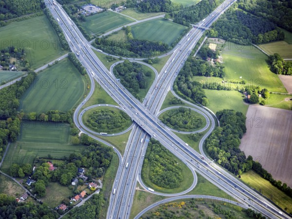 Aerial view, motorway junction Bielefeld, Germany, motorway, traffic, bab, exit, entrance, aerial
