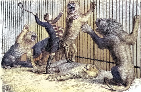 Thomas Batty, 1832-1903, English tamer and circus owner and his lions, coloured woodcut from 1864,