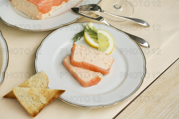 Southern German cuisine, salmon trout terrine arranged on a plate, salmon terrine with trout