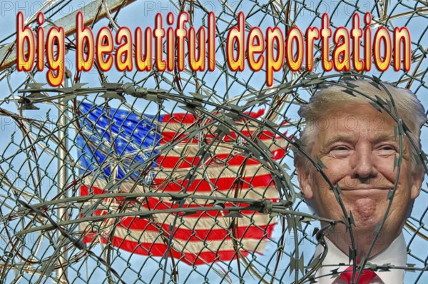 Symbolic image, Trump as US dictator, lawless deportations, no more United States, democracy versus