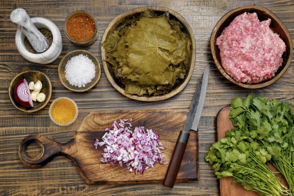 Fresh ingredients are prepared for making dolma at home. Minced meat, spices, vine leaves are laid