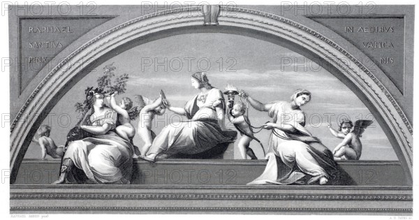 The Cardinal Virtues, Fortitude, Prudence and Temperance, after a painting by Raphael, illustration