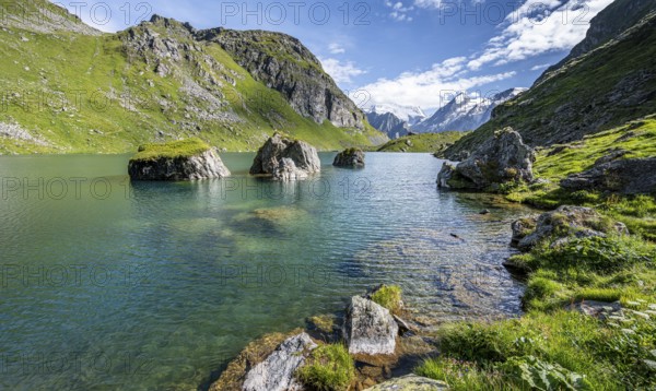 Mountain lake with view of glaciated mountain peaks, Lac du Louvie with summit Grand Combine,