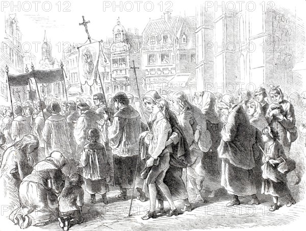 Pilgrimage to Kevelaer, group of pilgrims on the way to the pilgrimage church, 1869, District of