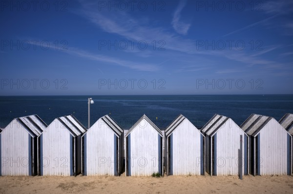 Bathing huts, beach huts, beach cabins, bathing cabins, cabins, sea, sky, blue, Yport, Normandy,