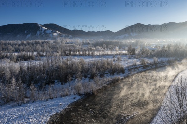 Sunrise on the Isar, Isar valley near Arzbach, Tölzer Land, in winter, aerial view, Upper Bavaria,
