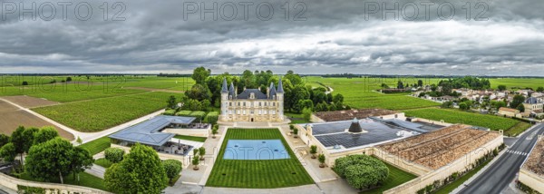 Panorama of Chateau Pichon Longueville Baron Vineyard and grape fields around Pauillac from a