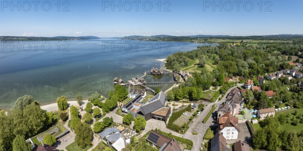 Luftbild, Panorama von den Pfahlbauten, Pfahlbaumuseum, Freilichtmuseum Unteruhldingen,