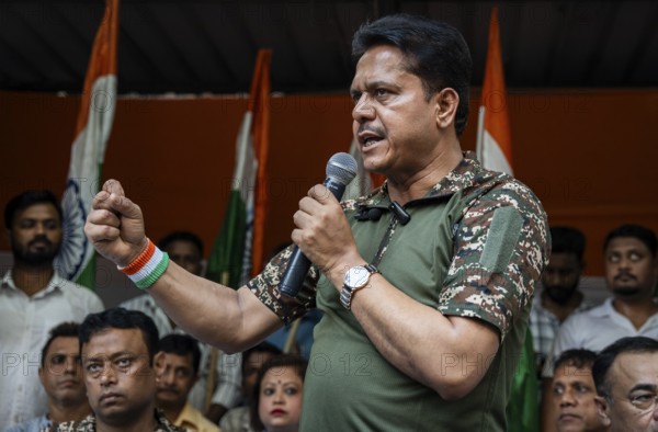 Bhupen Kumar Borah, president of Assam Congress committee speaks during celebrate after Indian