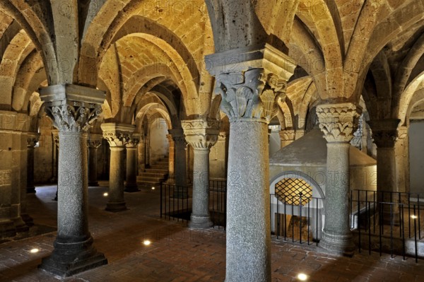 Vaults, canopy, columns and capitals in the underground grove of columns, pagan crypt, 10th