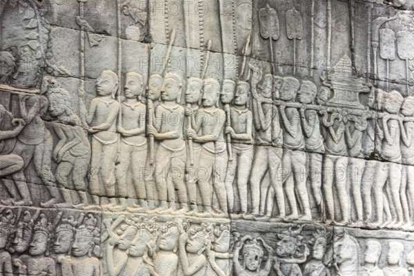 Stone bas-reliefs, Khmer war campaign against the Cham, relief wall, east façade, Bayon temple,