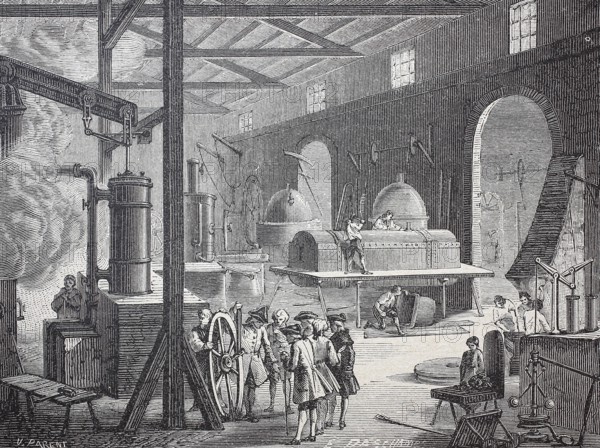 Machine shop in a factory in Soho, London, 18th century, digitally enhanced reproduction of a 19th
