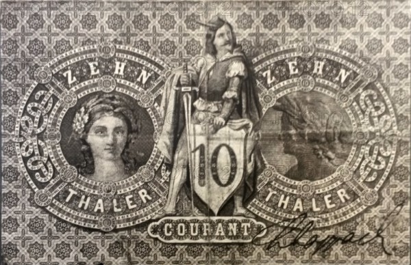 Banknote, emergency money, ten Thaler, Taler, reverse, Mitteldeutsche Creditbank, 1856, Germany,