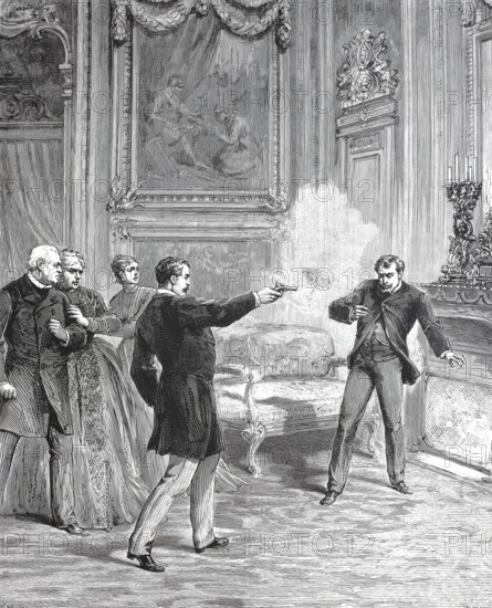Man shoots his opponent with a revolver, illustration to Martyre, drama in five acts by Adolphe