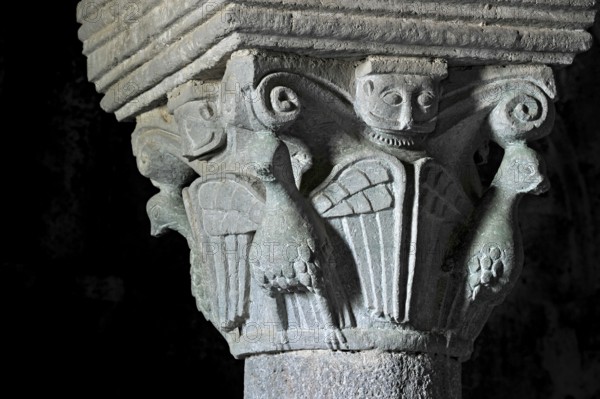 Column capital with dove, relief in stone, underground grove of columns, pagan crypt, 10th century,