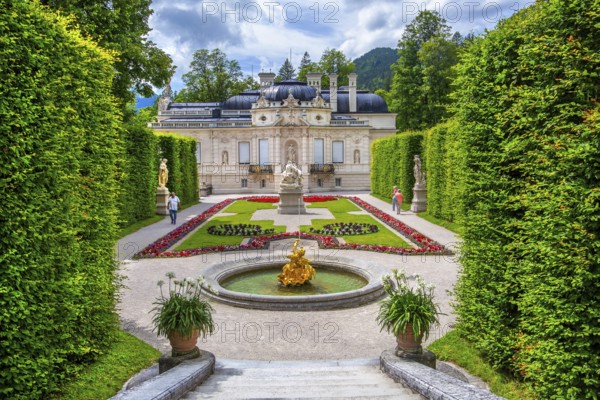 Baroque garden parterre with the east side of Linderhof Castle, Ettal, Ammertal, Upper Bavaria,