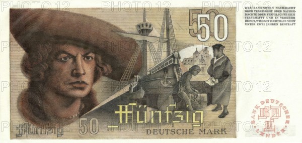 Banknote, banknote, 50 Deutsche Mark, reverse, series 2, Germany, reproduction of a historical