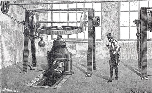Worker at a mint, coin minting block, moved by steam, 1870, England, digitally enhanced