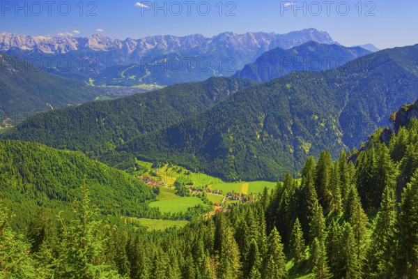 View from the Laber to Ettal and the Wetterstein mountains with the Zugspitze 2962m, Oberammergau,