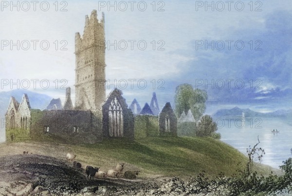 Moyne Abbey, Killala, County Mayo, Ireland, from the Landscape and Antiquities of Ireland, 1841,