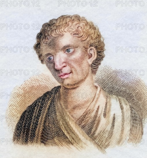Demosthenes, 384 to 322 B.C. Greek statesman and orator of ancient Athens, coloured woodcut from