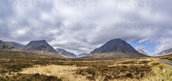 Panorama of Mountains and Moors over Glen Etive Valley, Glencoe, Highlands, Scotland and Buachaille